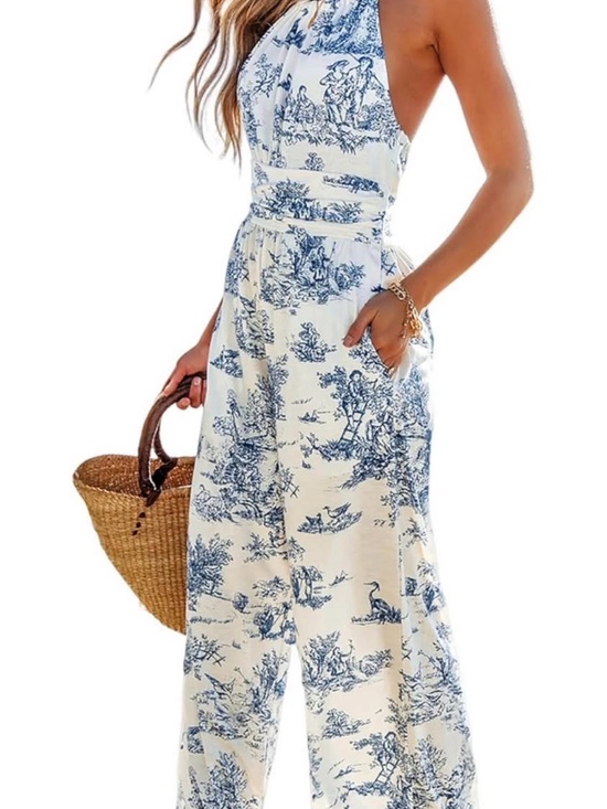 Cupshe Pants - Cupshe Blue & White Halter Wide-Leg Jumpsuit